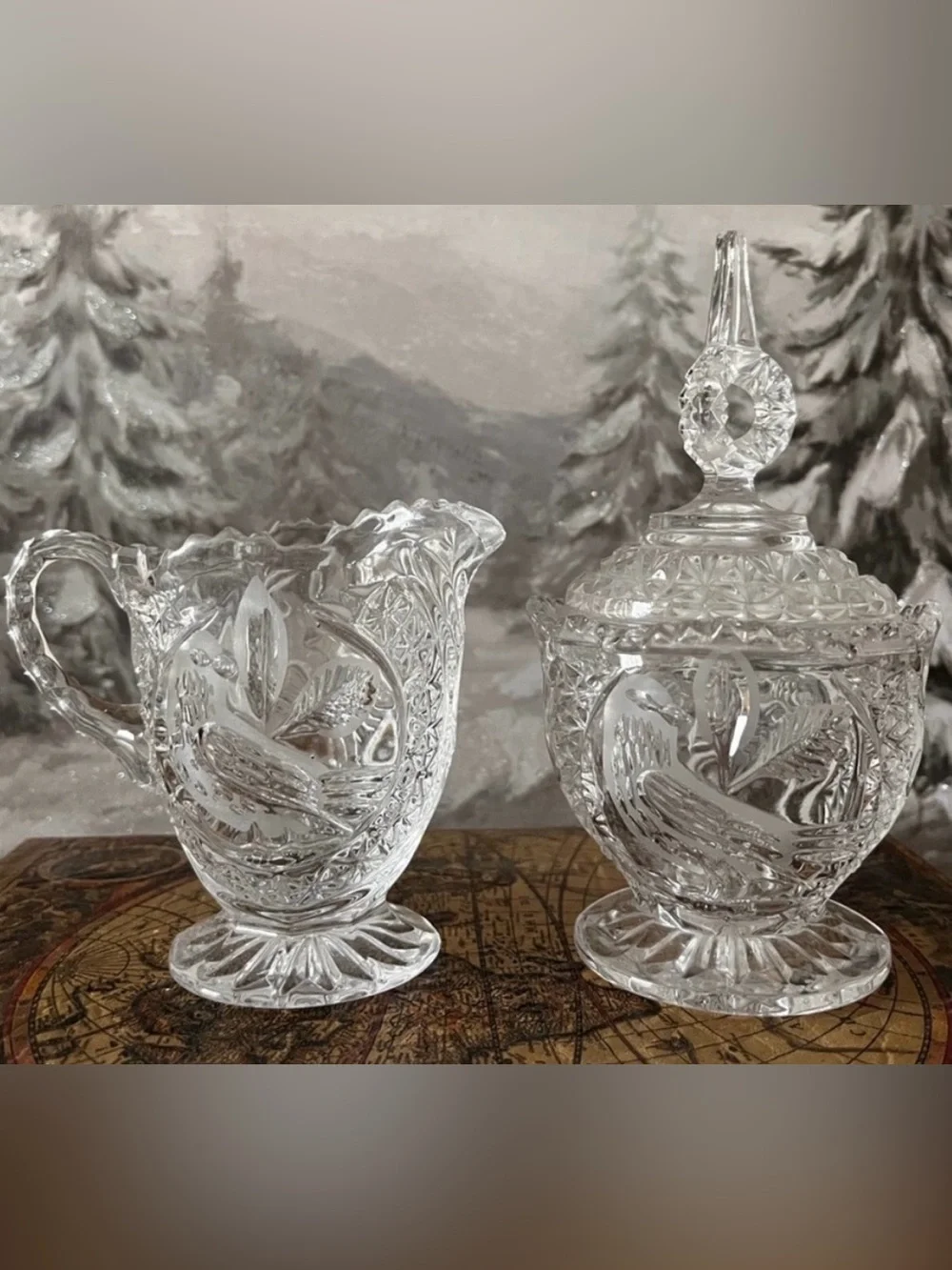 Bleikristall Crystal Etched Cattail & Bird creamer & sugar set, European